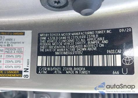 2020 Toyota C-Hr Le из США, поврежденный, VIN NMTKHMBX6LR117052